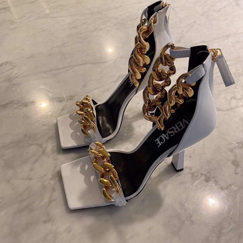 Versace Medusa Chain High Heel Sandals in White - Size 38